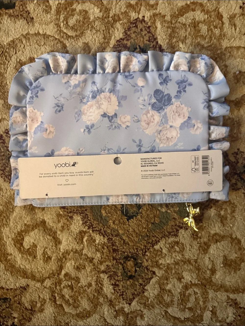 Yoobi Light Blue Floral Ruffle pencil case pouch with Gold Charm